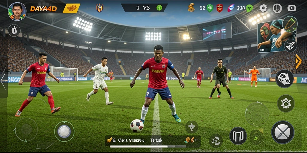 Tangkapan layar gameplay yang menampilkan aksi sepak bola menegangkan.