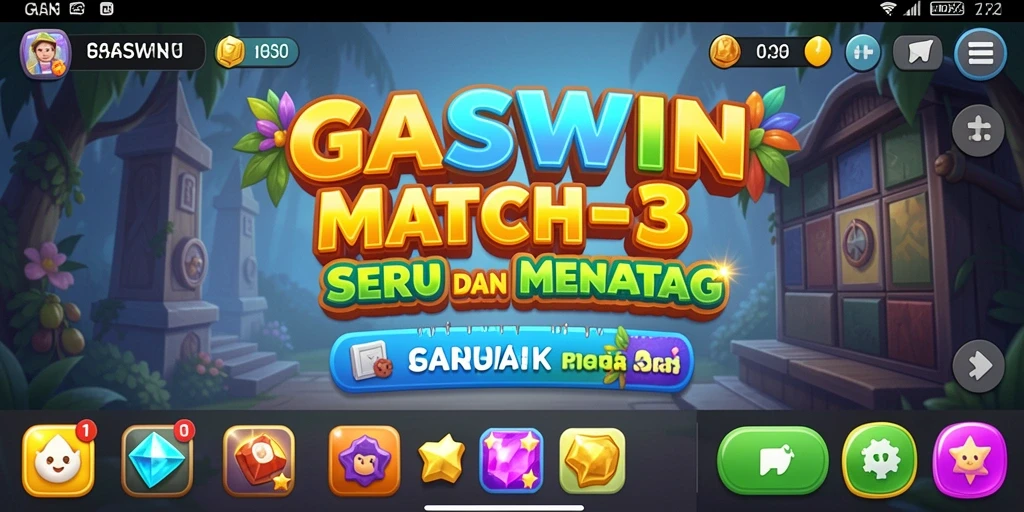 Screenshot gameplay GASWIN menampilkan kombinasi blok warna-warni yang menantang.
