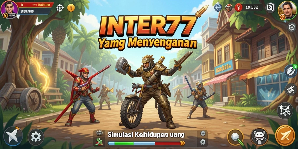 Screenshot INTER77 menampilkan karakter dalam simulasi kehidupan yang dinamis.