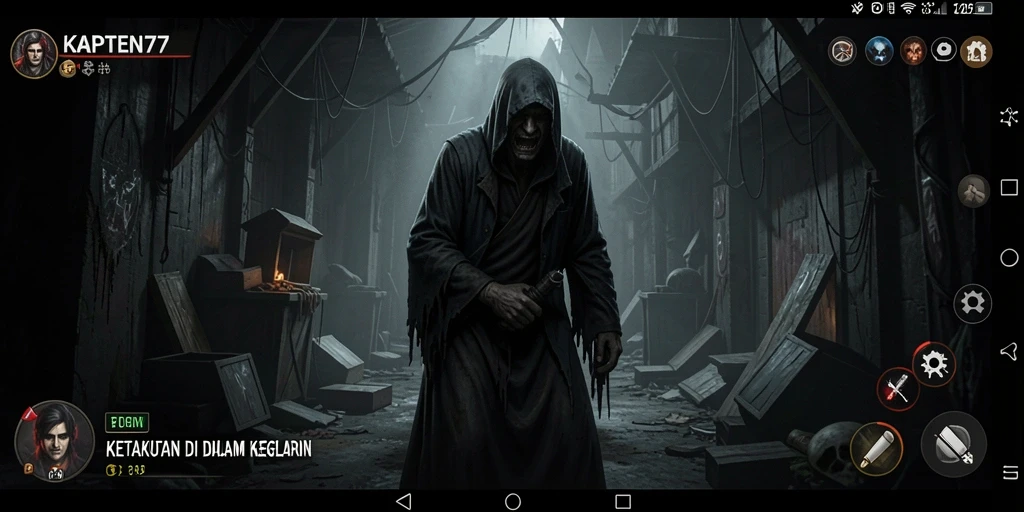 Screenshot gameplay menampilkan ketegangan dan kegelapan KAPTEN77