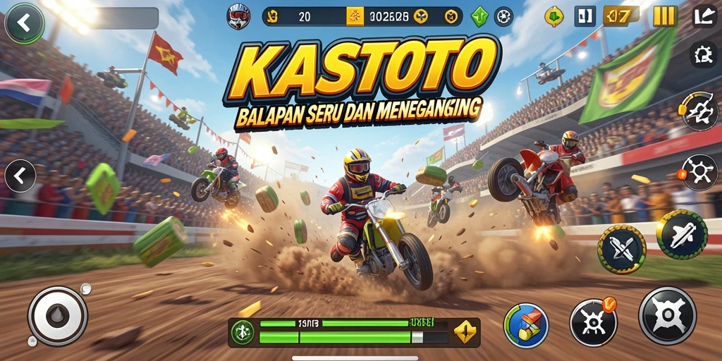 Tampilan gameplay seru di KASTOTO dengan mobil balap cepat.