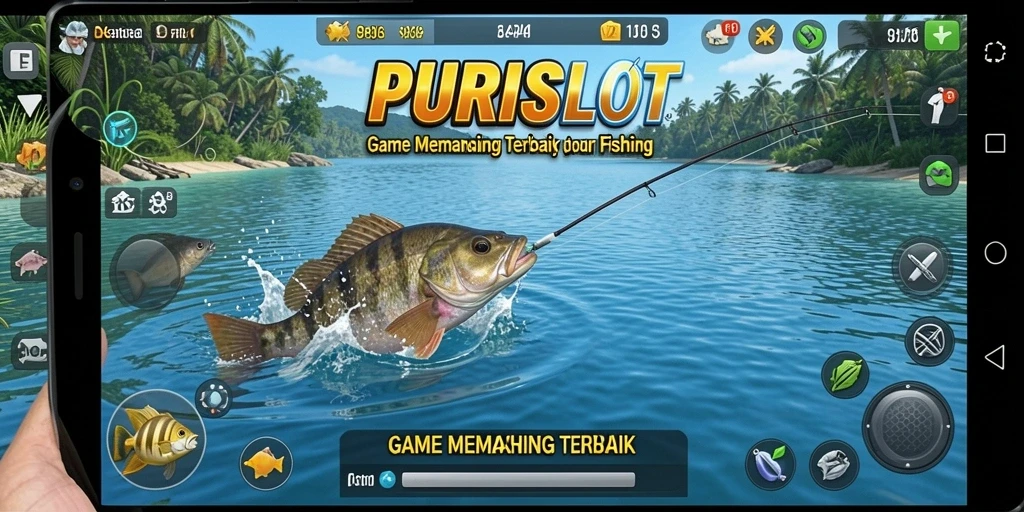 Tampilan gameplay PURISLOT dengan aksi memancing yang seru.
