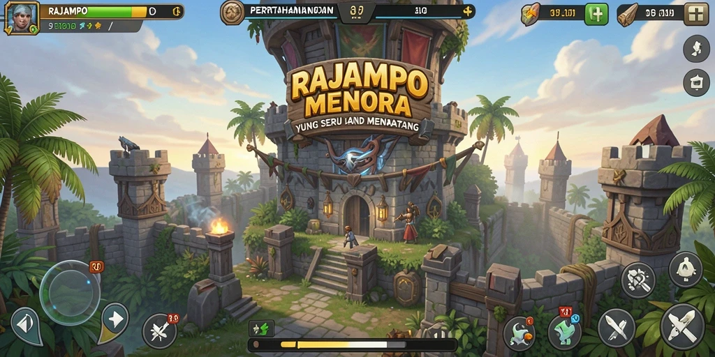 Tangkapan layar gameplay RAJAMPO yang menampilkan pertahanan menara yang strategis.