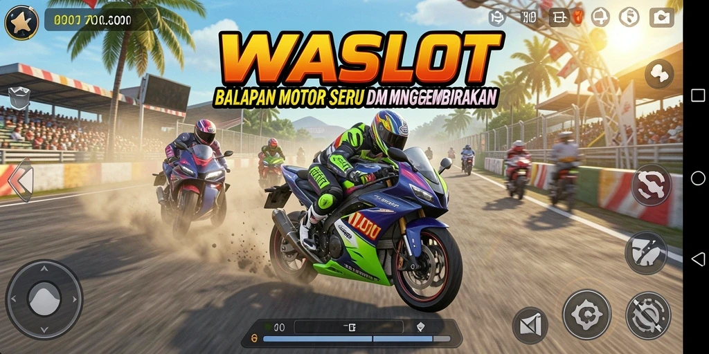 Screenshot WASLOT menampilkan aksi balap motor yang mendebarkan di trek yang menantang.